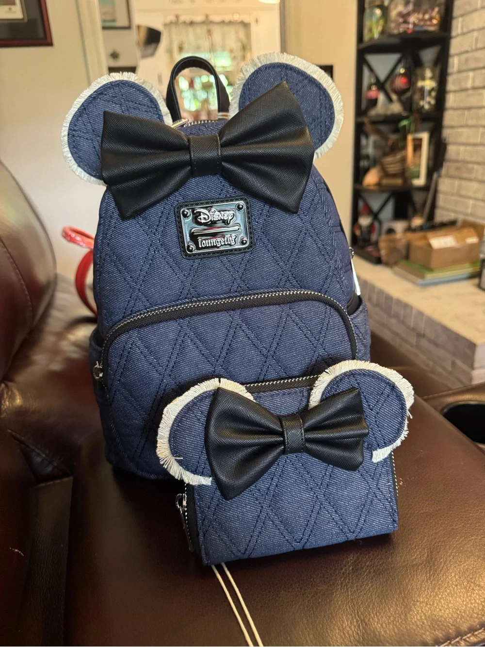 Loungefly Navy Quilted Denim Minnie Ear Mini Backpack with Black Bow w/ Wallet